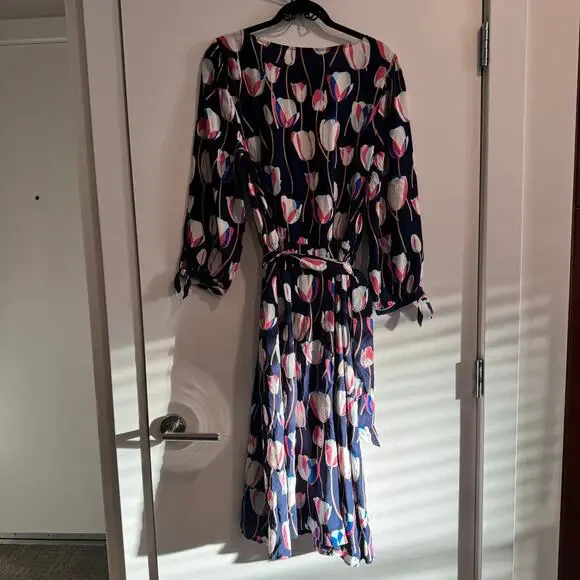 New Talbots Fit & Flare Dress Blue Boat Neck Belted Waist 3/4 Sleeve Sz L
